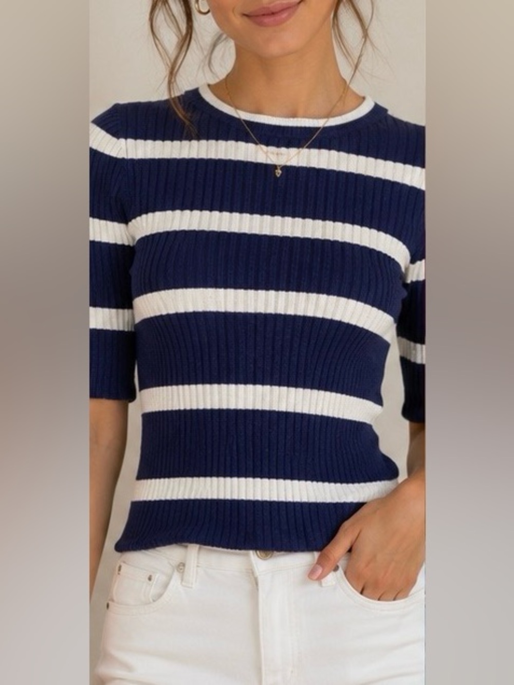 Express Navy & White Striped Ribbed Top
